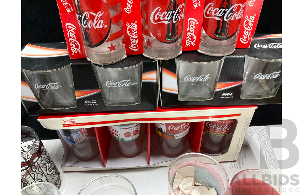 Collection of Coca Cola Cups, Glasses and Tumblers Including Canberra Raiders, Baseball with Assortment of Coca Cola Magnets