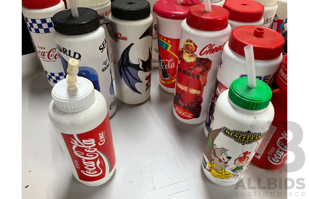 Collection of Vintage Coca Cola Water Bottles Including NBL Teams, Wildcats, 36ers, Cannons, Kings, Olympics, Mr Spudie, Bowling Pin and More
