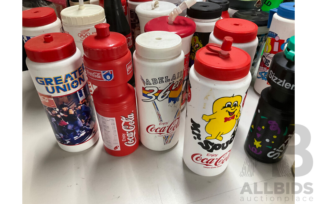 Collection of Vintage Coca Cola Water Bottles Including NBL Teams, Wildcats, 36ers, Cannons, Kings, Olympics, Mr Spudie, Bowling Pin and More
