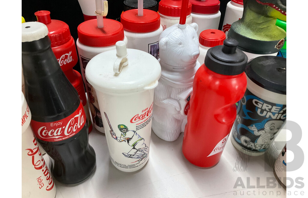 Collection of Vintage Coca Cola Water Bottles Including NBL Teams, Wildcats, 36ers, Cannons, Kings, Olympics, Mr Spudie, Bowling Pin and More