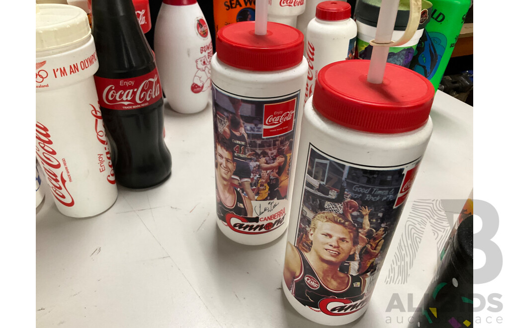 Collection of Vintage Coca Cola Water Bottles Including NBL Teams, Wildcats, 36ers, Cannons, Kings, Olympics, Mr Spudie, Bowling Pin and More