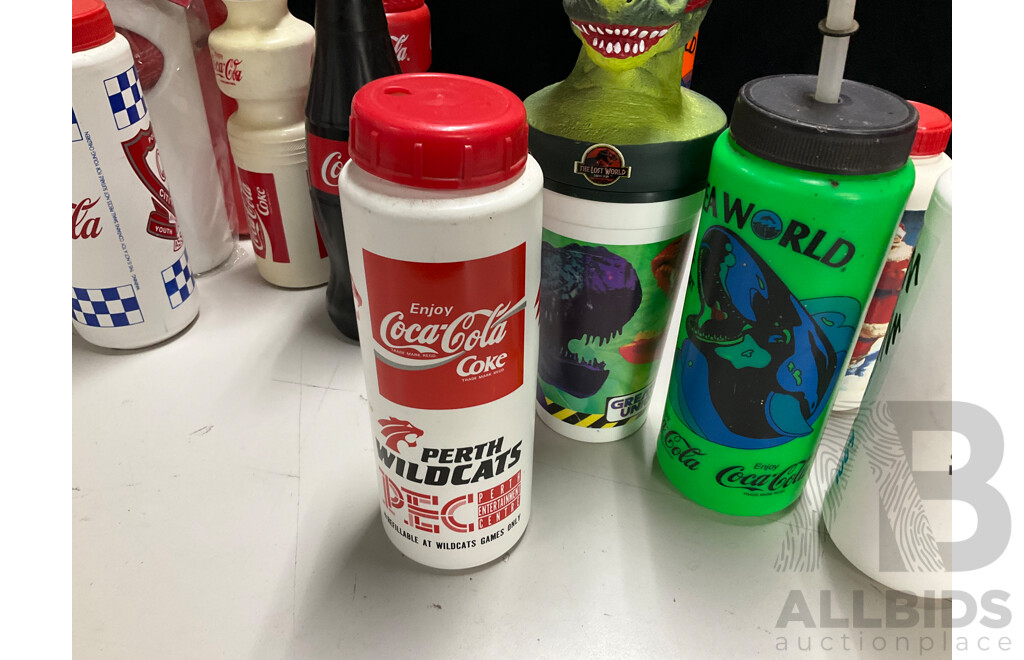 Collection of Vintage Coca Cola Water Bottles Including NBL Teams, Wildcats, 36ers, Cannons, Kings, Olympics, Mr Spudie, Bowling Pin and More