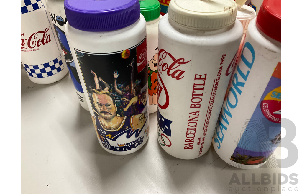 Collection of Vintage Coca Cola Water Bottles Including NBL Teams, Wildcats, 36ers, Cannons, Kings, Olympics, Mr Spudie, Bowling Pin and More