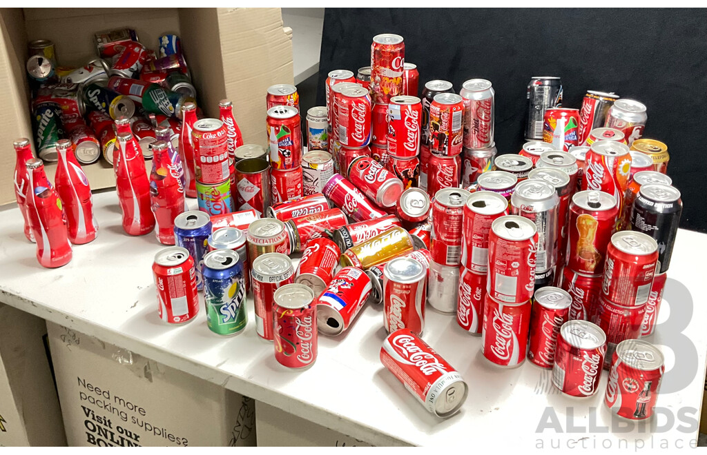 Large Collection of Commemorative and International Coca Cola Cans and Bottles Including Indy Car, Rugby, Olympics, Summer, Music Festivals and More