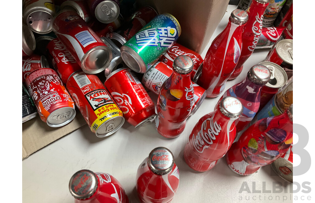 Large Collection of Commemorative and International Coca Cola Cans and Bottles Including Indy Car, Rugby, Olympics, Summer, Music Festivals and More