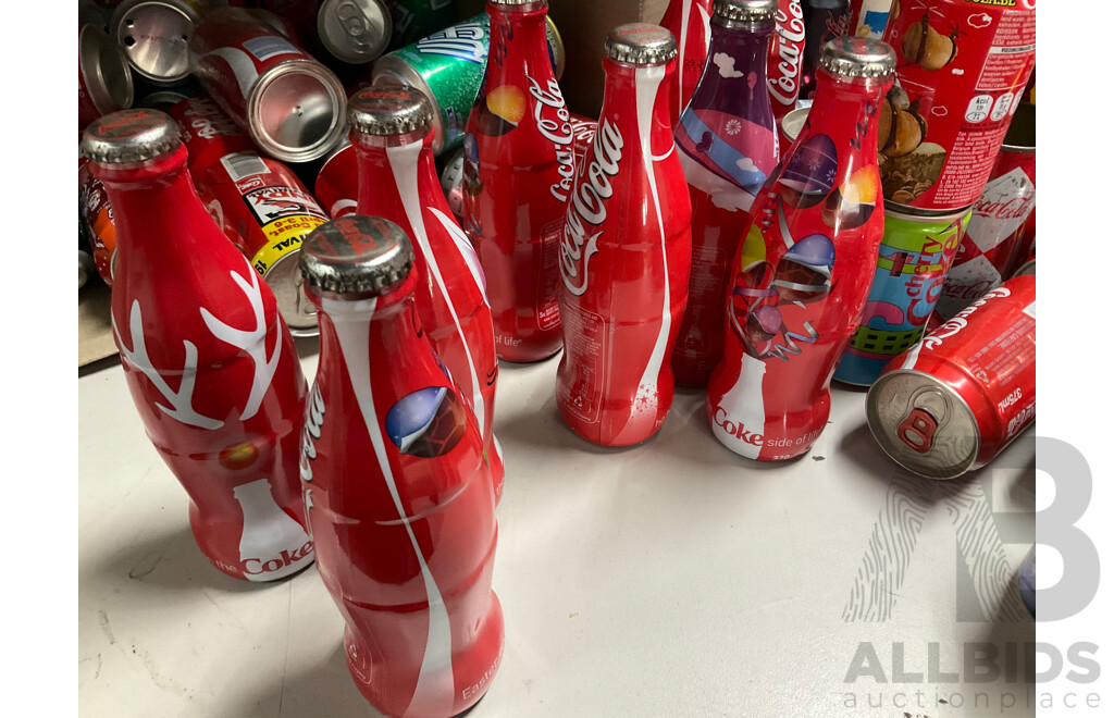 Large Collection of Commemorative and International Coca Cola Cans and Bottles Including Indy Car, Rugby, Olympics, Summer, Music Festivals and More