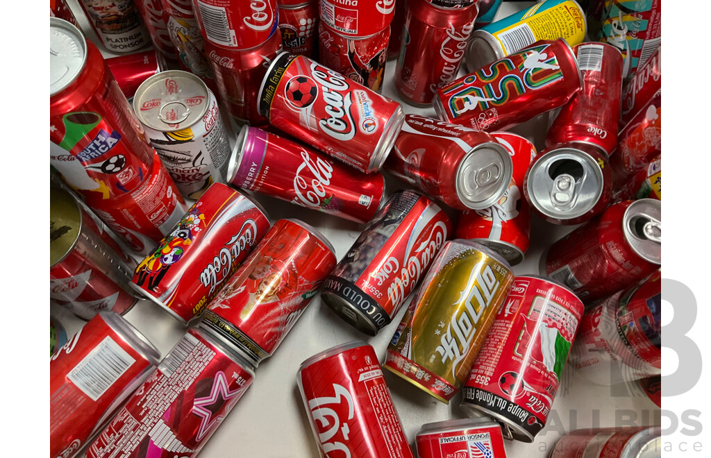 Large Collection of Commemorative and International Coca Cola Cans and Bottles Including Indy Car, Rugby, Olympics, Summer, Music Festivals and More