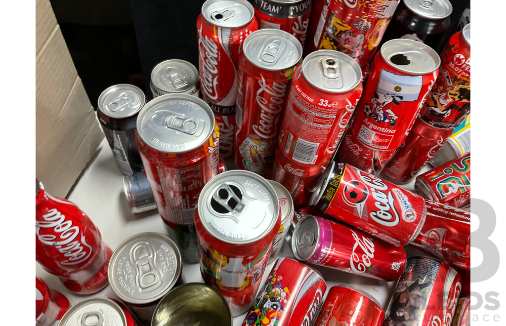 Large Collection of Commemorative and International Coca Cola Cans and Bottles Including Indy Car, Rugby, Olympics, Summer, Music Festivals and More