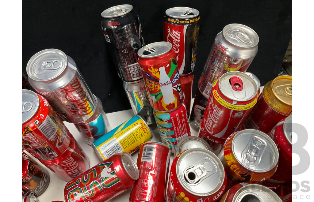 Large Collection of Commemorative and International Coca Cola Cans and Bottles Including Indy Car, Rugby, Olympics, Summer, Music Festivals and More