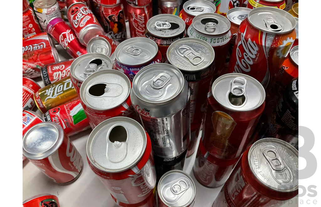 Large Collection of Commemorative and International Coca Cola Cans and Bottles Including Indy Car, Rugby, Olympics, Summer, Music Festivals and More