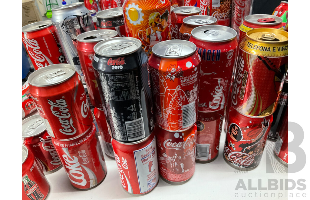 Large Collection of Commemorative and International Coca Cola Cans and Bottles Including Indy Car, Rugby, Olympics, Summer, Music Festivals and More