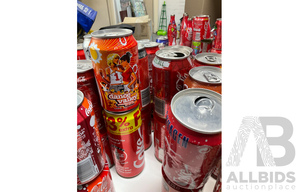 Large Collection of Commemorative and International Coca Cola Cans and Bottles Including Indy Car, Rugby, Olympics, Summer, Music Festivals and More