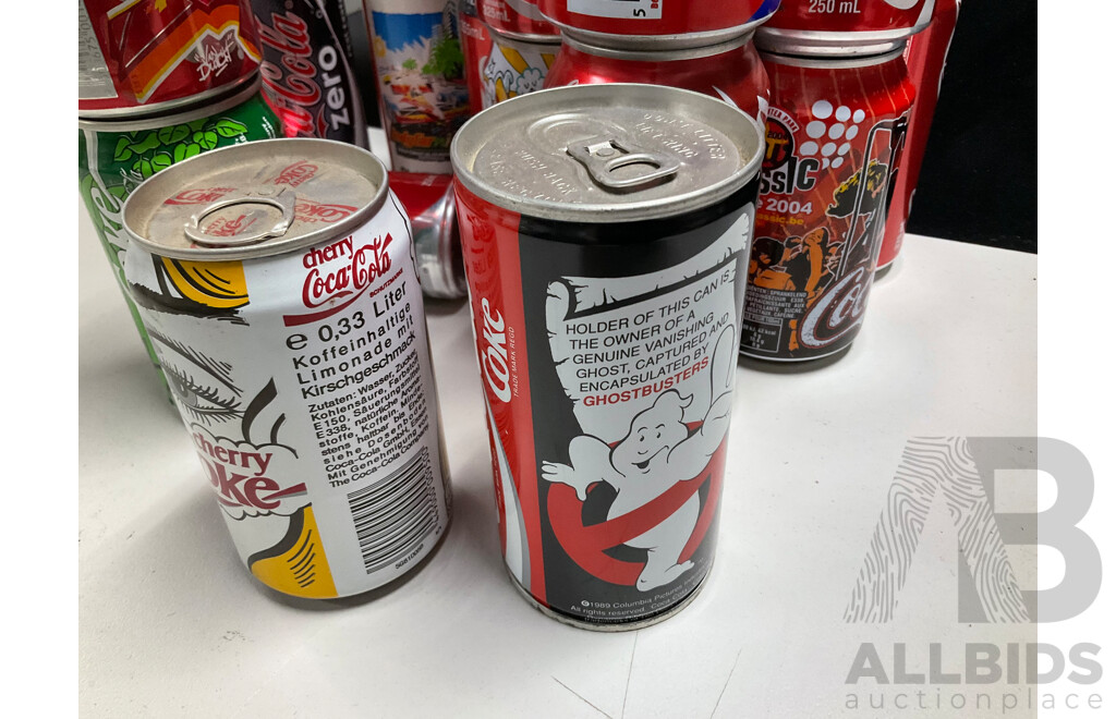 Large Collection of Commemorative and International Coca Cola Cans and Bottles Including Indy Car, Rugby, Olympics, Summer, Music Festivals and More