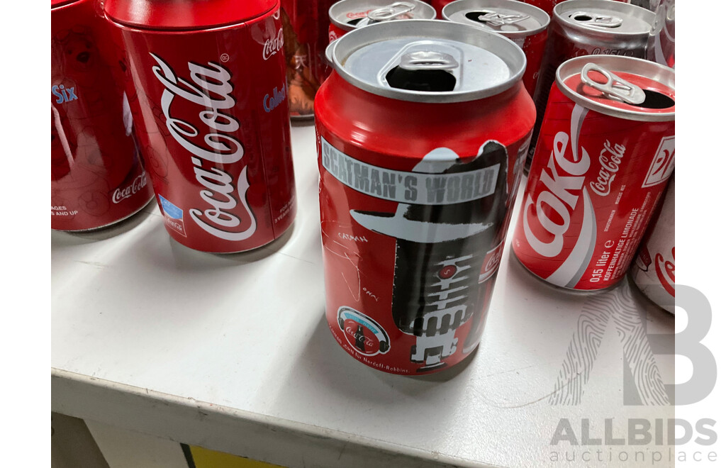 Collection of Vintage Commemorative and Collectable Coca Cola Cans Including Scatman John, Lineage 4, Athens 2004 Plush Bear in Can, 500ml Steel Can and More