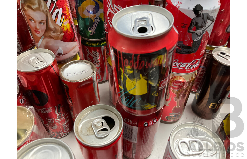 Collection of Vintage Commemorative and Collectable Coca Cola Cans Including Scatman John, Lineage 4, Athens 2004 Plush Bear in Can, 500ml Steel Can and More