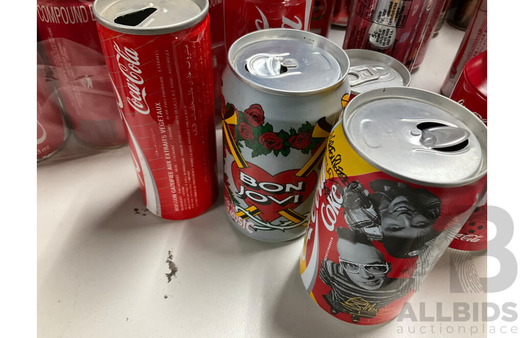 Collection of Vintage Commemorative and Collectable Coca Cola Cans Including Scatman John, Lineage 4, Athens 2004 Plush Bear in Can, 500ml Steel Can and More