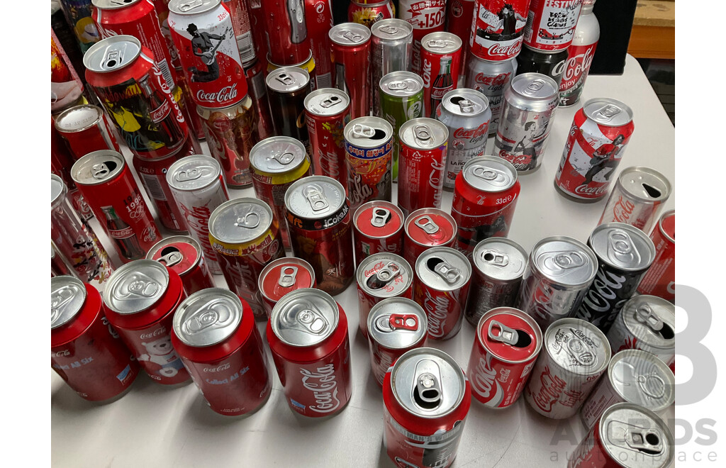 Collection of Vintage Commemorative and Collectable Coca Cola Cans Including Scatman John, Lineage 4, Athens 2004 Plush Bear in Can, 500ml Steel Can and More