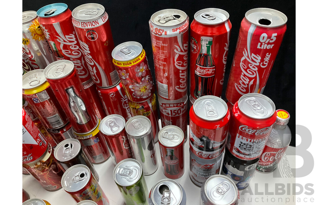 Collection of Vintage Commemorative and Collectable Coca Cola Cans Including Scatman John, Lineage 4, Athens 2004 Plush Bear in Can, 500ml Steel Can and More