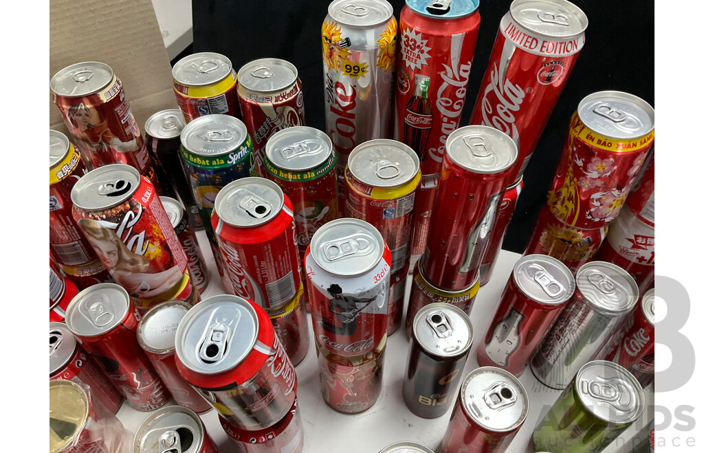 Collection of Vintage Commemorative and Collectable Coca Cola Cans Including Scatman John, Lineage 4, Athens 2004 Plush Bear in Can, 500ml Steel Can and More