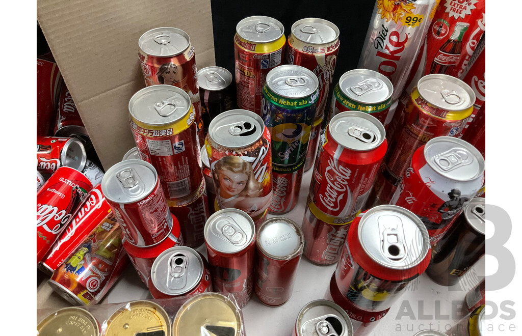 Collection of Vintage Commemorative and Collectable Coca Cola Cans Including Scatman John, Lineage 4, Athens 2004 Plush Bear in Can, 500ml Steel Can and More