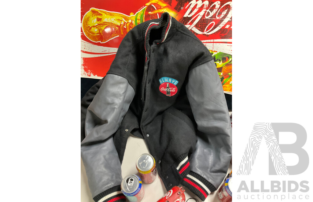 Collection of Coca Cola Items Including 1990's Always Coca Cola Jacket, Collectable Cans and Bottles, Bag and Truck Made From Cans, Retail Signs Including World Cup and Christmas