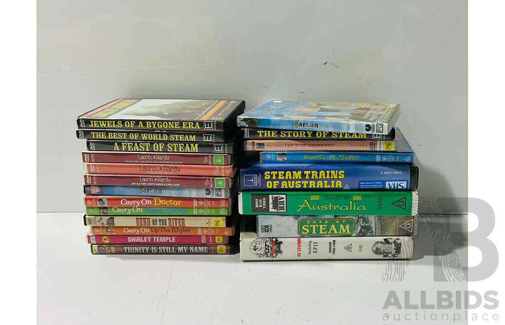 Collection of DVDs and VHS Tapes Including Movies and Documentaries About Steam Trains and More