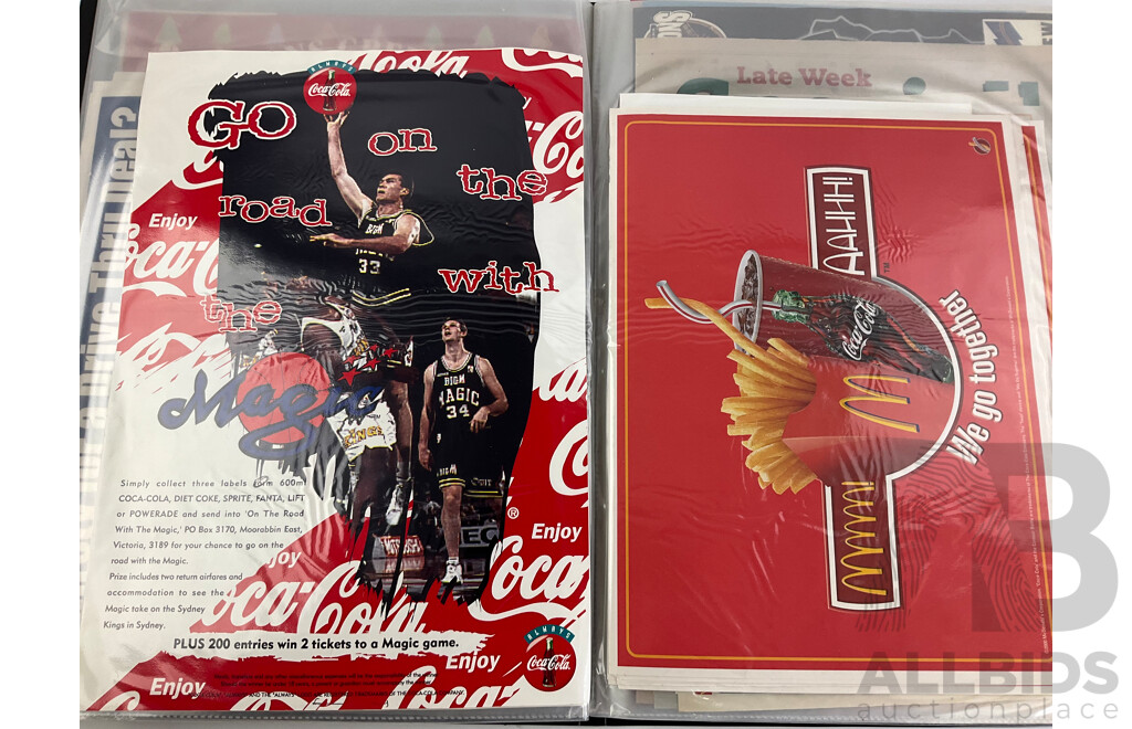 Album of Coca Cola Sporting Advertisements, Place Mats, Matchbox Brochures, Retail Signs and More