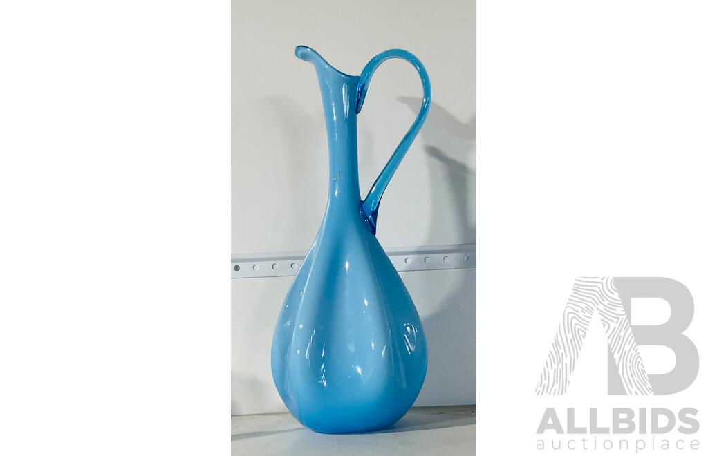 Blue Art Glass Long Necked Vase with handle