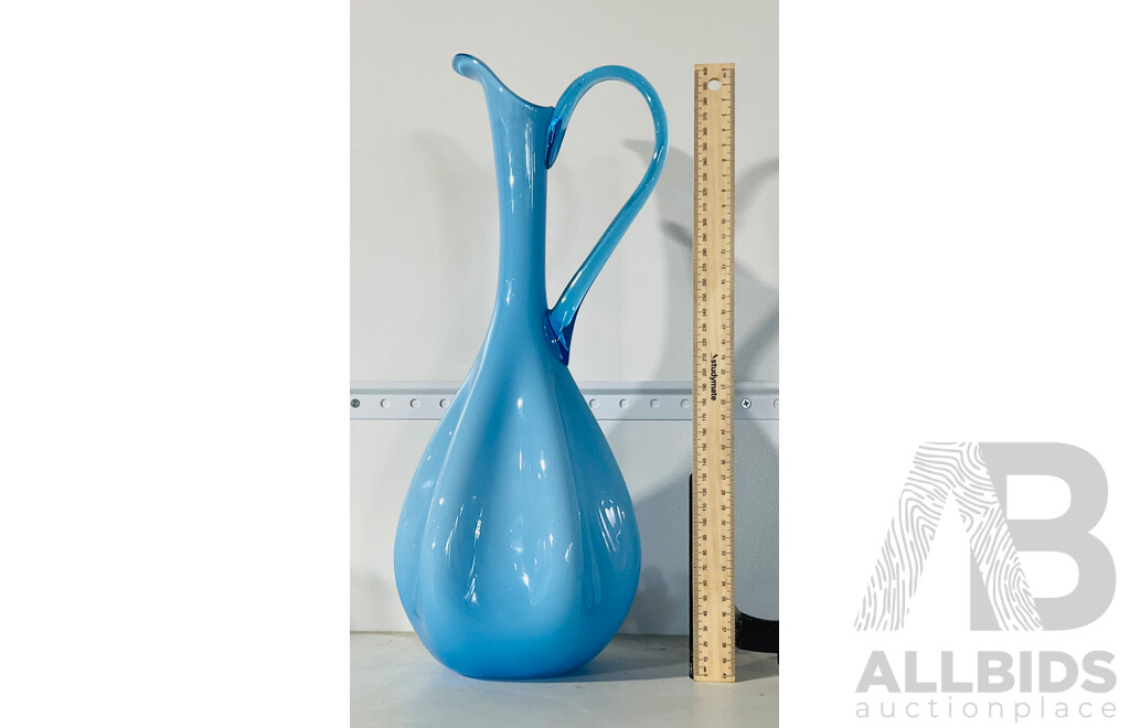 Blue Art Glass Long Necked Vase with handle