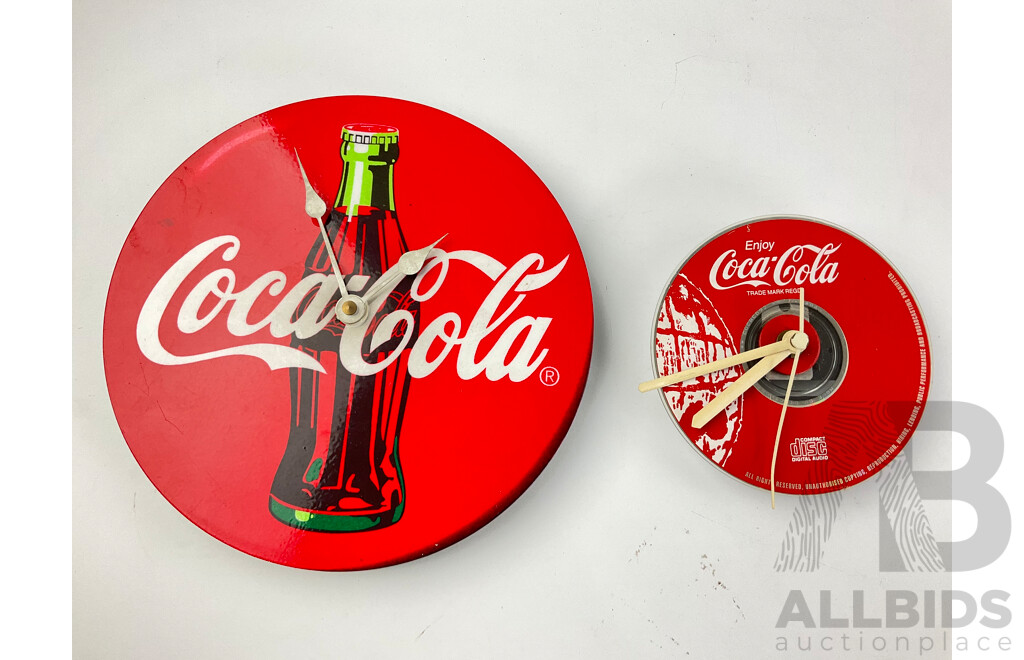 Collection of Coca Cola Wall and Desk Clocks Including Flat Bottle, Enameled and Traditional Alarm Clock