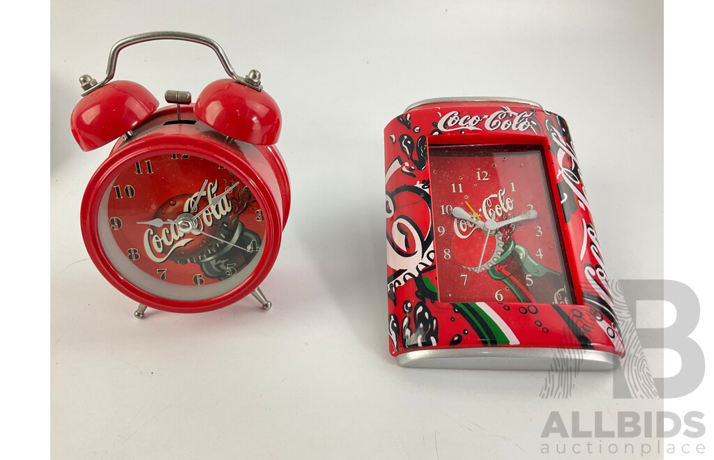 Collection of Coca Cola Wall and Desk Clocks Including Flat Bottle, Enameled and Traditional Alarm Clock