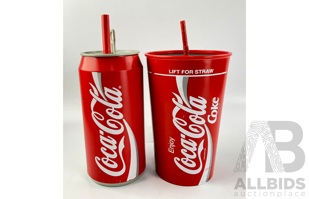 Two Vintage Coca Cola Can and Cup Straw Dispensers