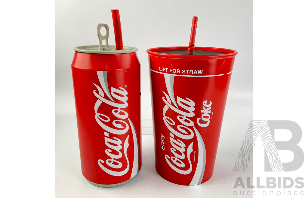 Two Vintage Coca Cola Can and Cup Straw Dispensers