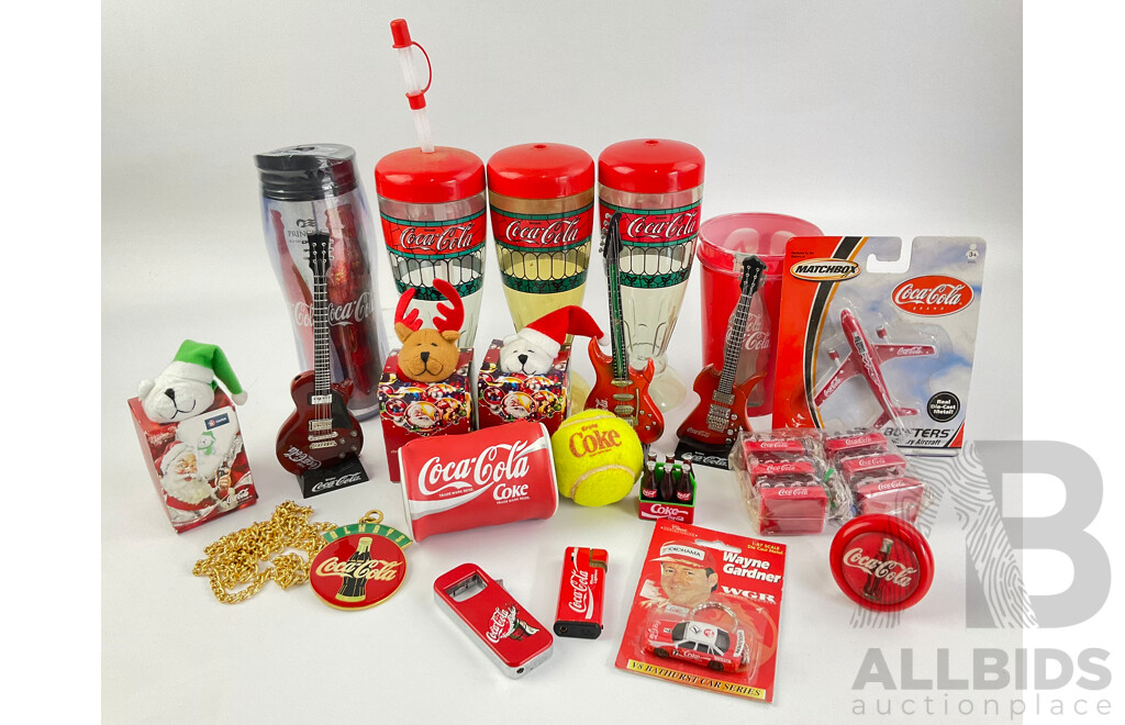 Collection of Coca Cola Collectables Including Cigarette Lighters, Cups, Christmas Ornaments and More