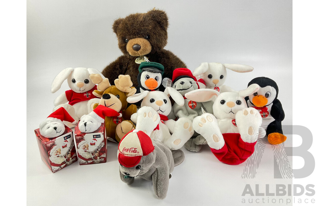 Collection of Coca Cola Plush Animals Including Seal, Penguin, Rain Dear, Christmas Ornament Polar Bears