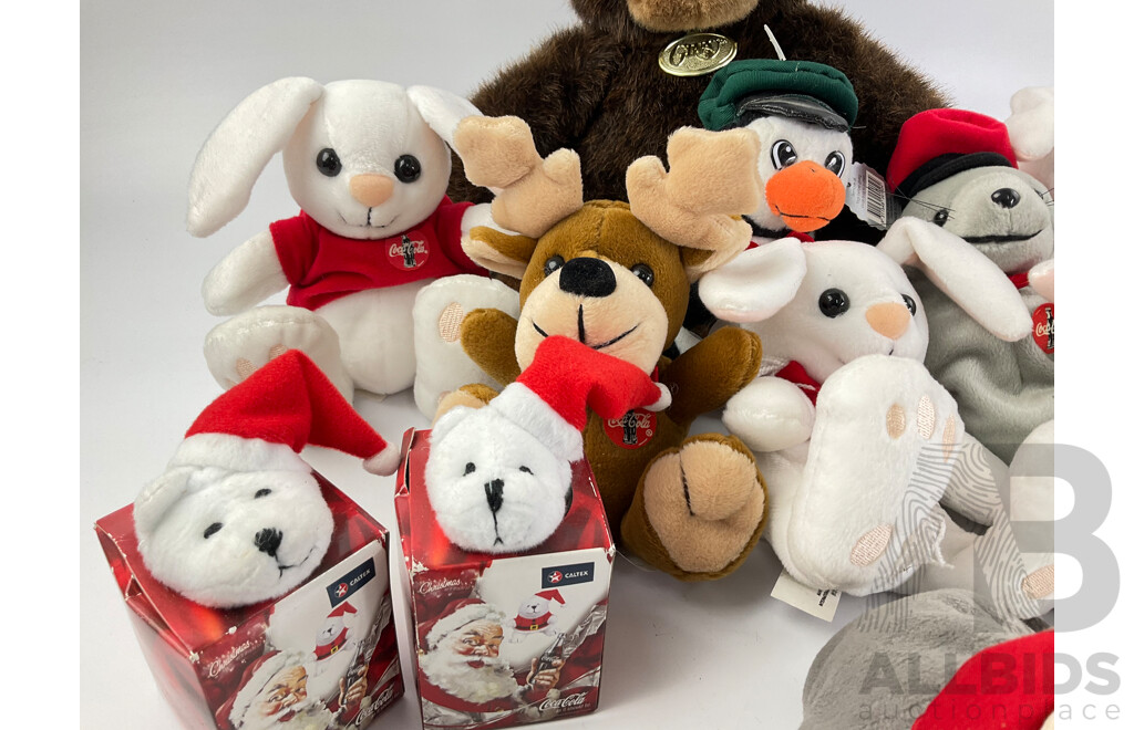 Collection of Coca Cola Plush Animals Including Seal, Penguin, Rain Dear, Christmas Ornament Polar Bears