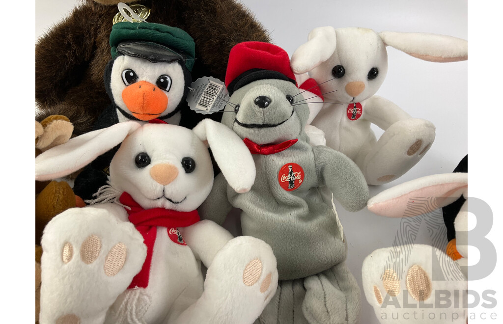 Collection of Coca Cola Plush Animals Including Seal, Penguin, Rain Dear, Christmas Ornament Polar Bears