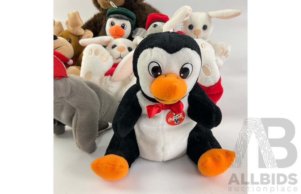 Collection of Coca Cola Plush Animals Including Seal, Penguin, Rain Dear, Christmas Ornament Polar Bears