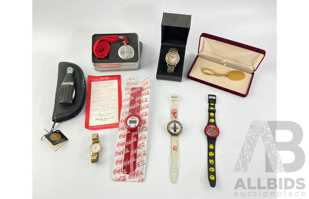 Collection of Coca Cola Watches, Pocket Knife and Key Ring