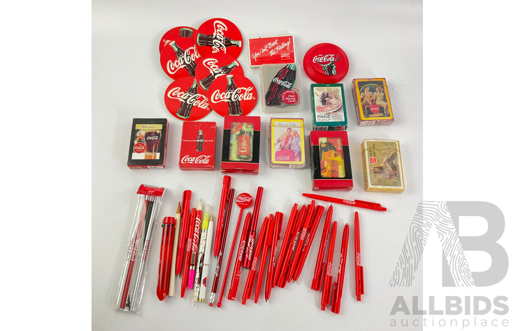 Collection of Vintage Coca Cola Cigarette Cases, Playing Cards, Coasters, Pens and Pencils