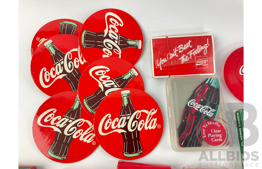 Collection of Vintage Coca Cola Cigarette Cases, Playing Cards, Coasters, Pens and Pencils