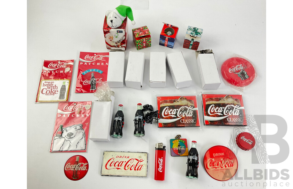 Collection of Vintage Coca Cola Pocket Radio Bottles, Patches, Christmas Ornaments, Magnets and Lighter