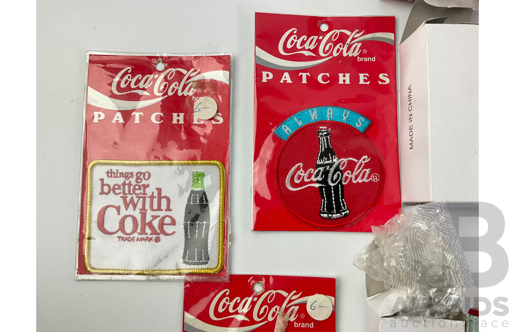 Collection of Vintage Coca Cola Pocket Radio Bottles, Patches, Christmas Ornaments, Magnets and Lighter