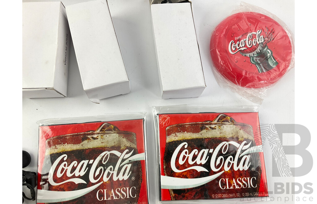 Collection of Vintage Coca Cola Pocket Radio Bottles, Patches, Christmas Ornaments, Magnets and Lighter