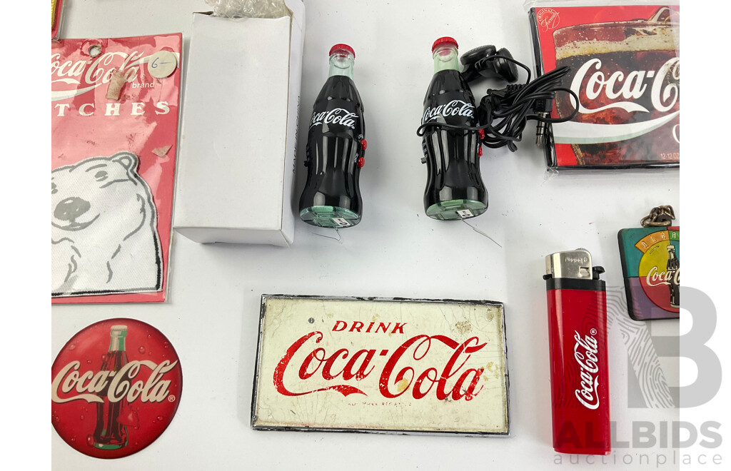 Collection of Vintage Coca Cola Pocket Radio Bottles, Patches, Christmas Ornaments, Magnets and Lighter