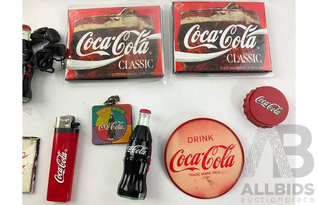 Collection of Vintage Coca Cola Pocket Radio Bottles, Patches, Christmas Ornaments, Magnets and Lighter