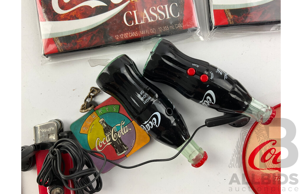 Collection of Vintage Coca Cola Pocket Radio Bottles, Patches, Christmas Ornaments, Magnets and Lighter