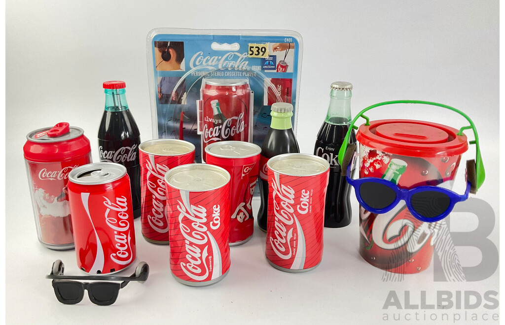 Vintage Coca Cola Radio Cans, Bottle, Dancing Cans, Flash Light, Noise Maker and Money Box