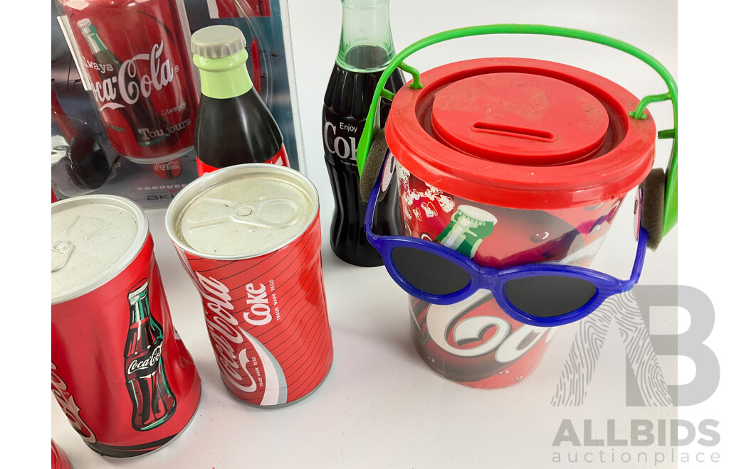 Vintage Coca Cola Radio Cans, Bottle, Dancing Cans, Flash Light, Noise Maker and Money Box