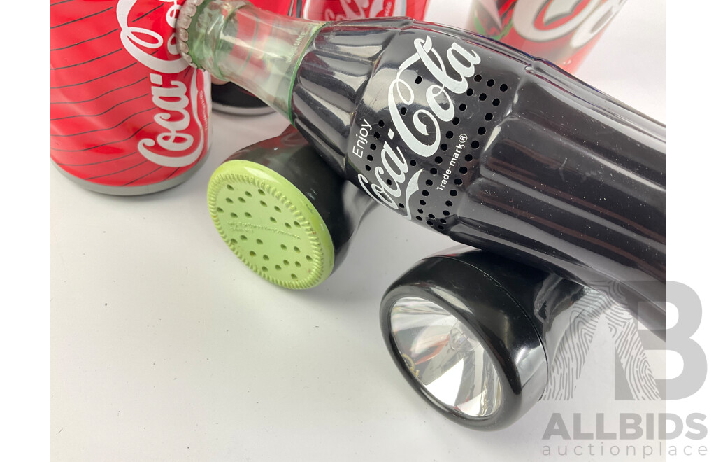 Vintage Coca Cola Radio Cans, Bottle, Dancing Cans, Flash Light, Noise Maker and Money Box